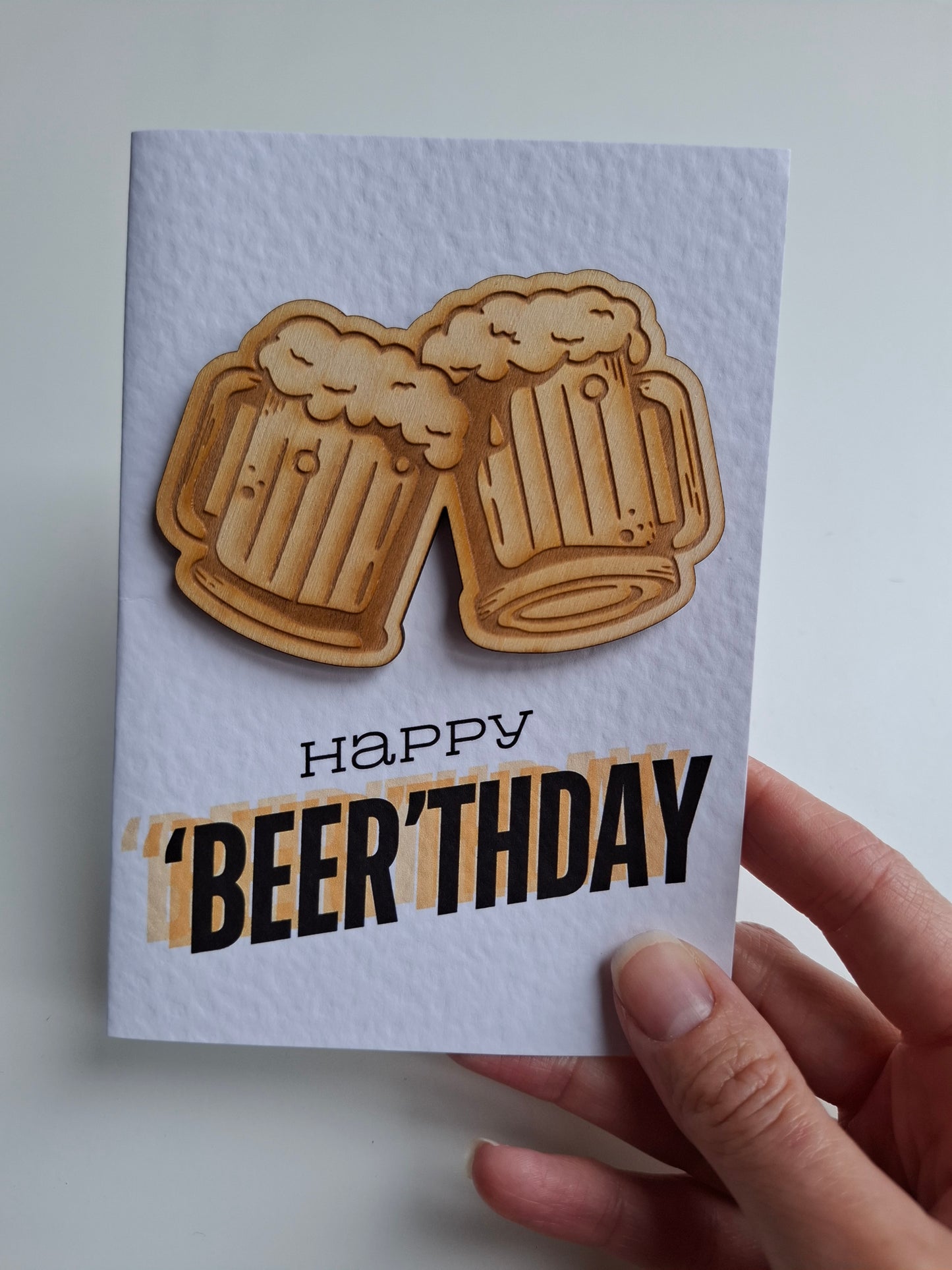 Wooden Magnet Keepsake Greetings Card - Happy Beer-thday