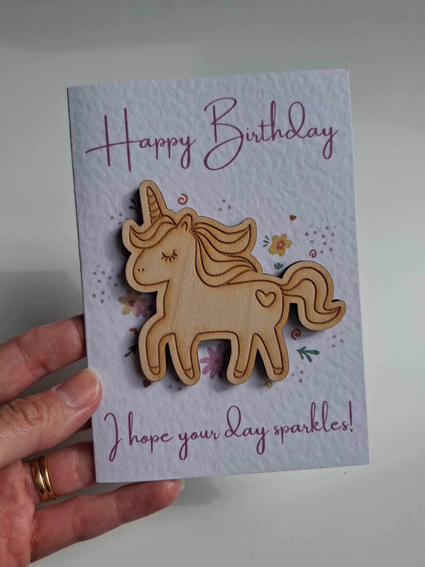 Wooden Magnet Keepsake Greetings Card - Happy Birthday Unicorn