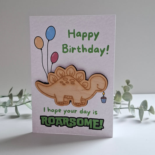 Wooden Magnet Keepsake Greetings Card - Roarsome Birthday
