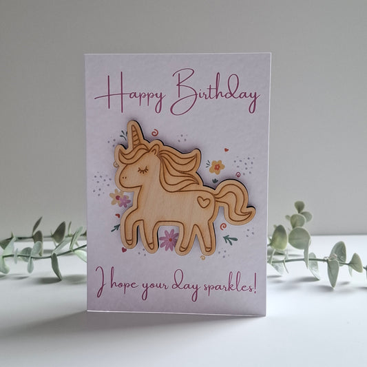 Wooden Magnet Keepsake Greetings Card - Happy Birthday Unicorn