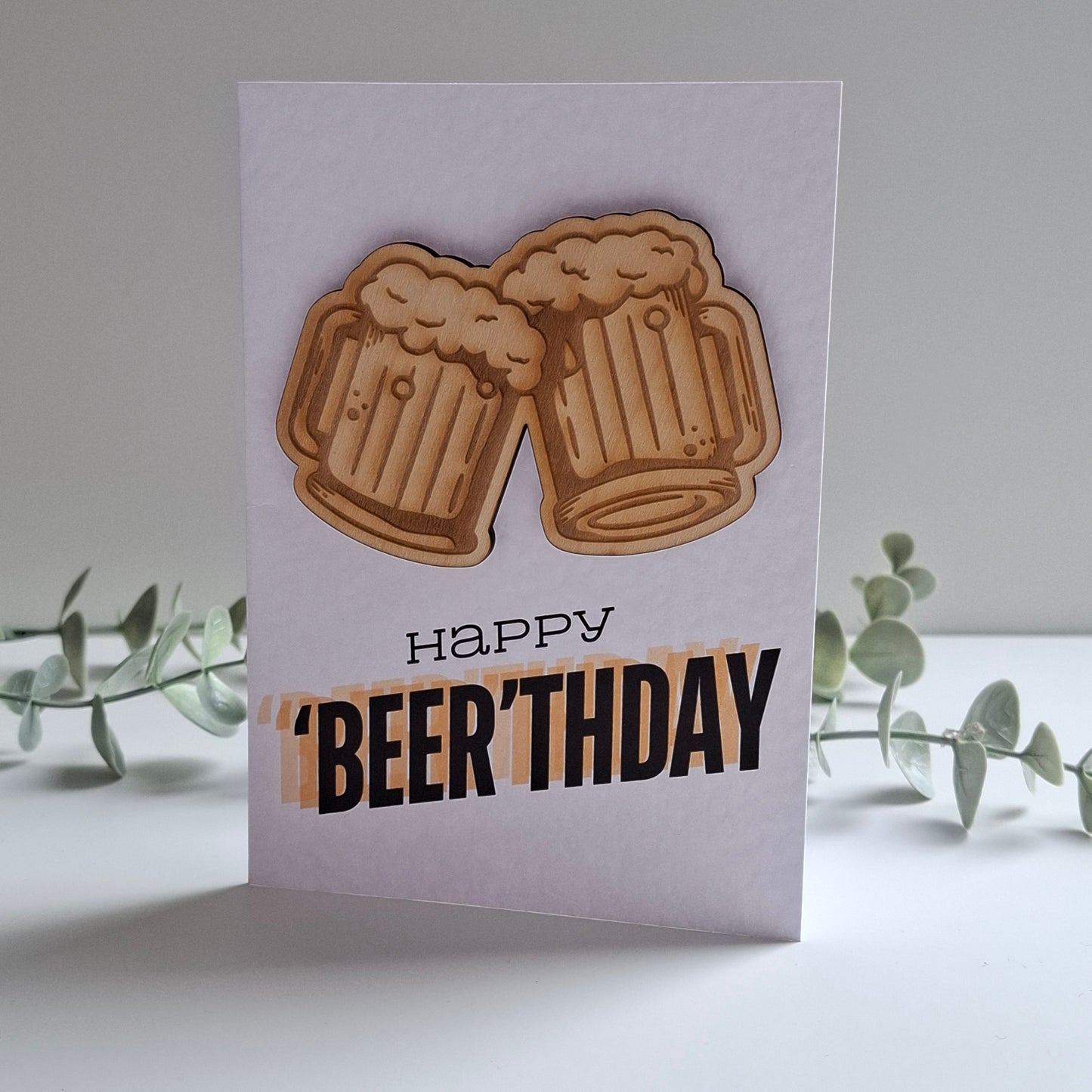 Wooden Magnet Keepsake Greetings Card - Happy Beer-thday