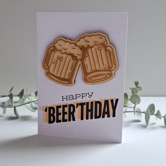 Wooden Magnet Keepsake Greetings Card - Happy Beer-thday