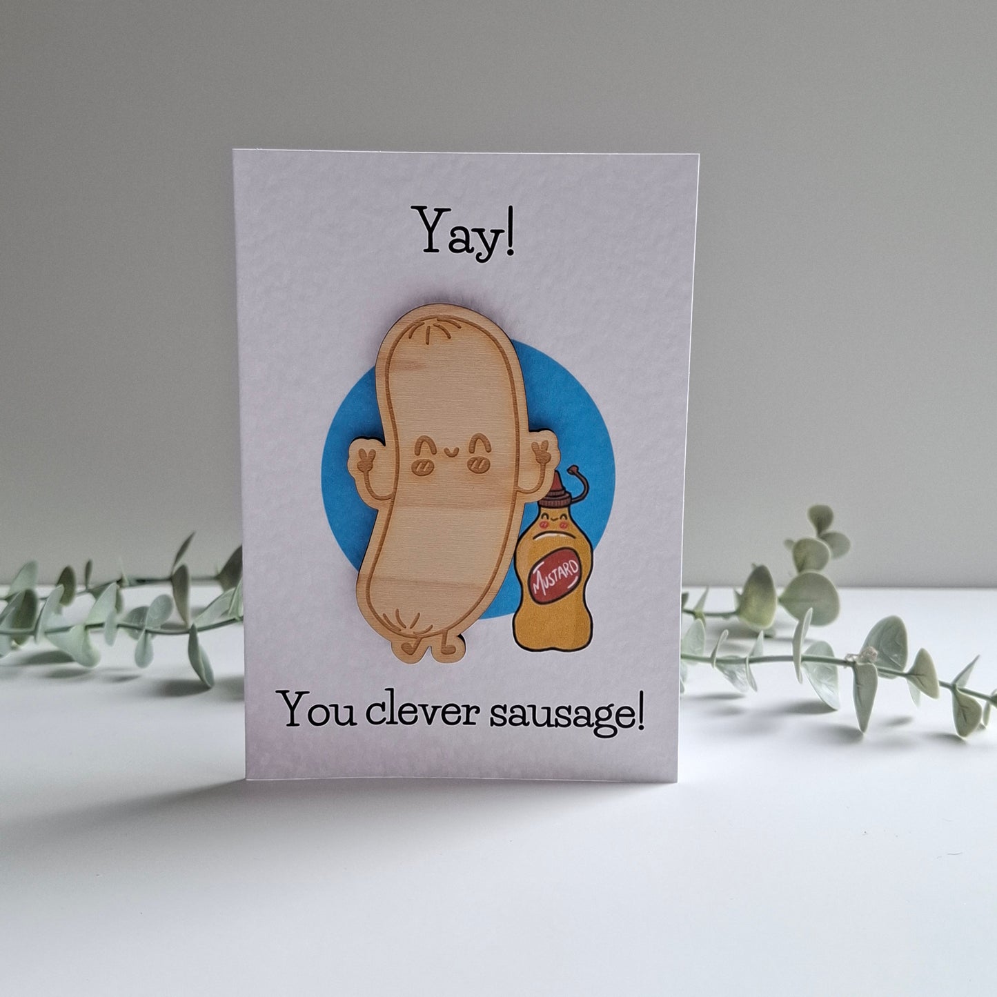 Wooden Magnet Keepsake Greetings Card - Clever Sausage