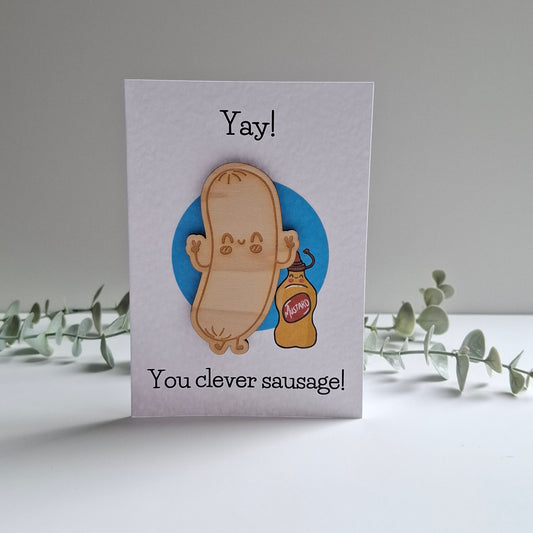 Wooden Magnet Keepsake Greetings Card - Clever Sausage