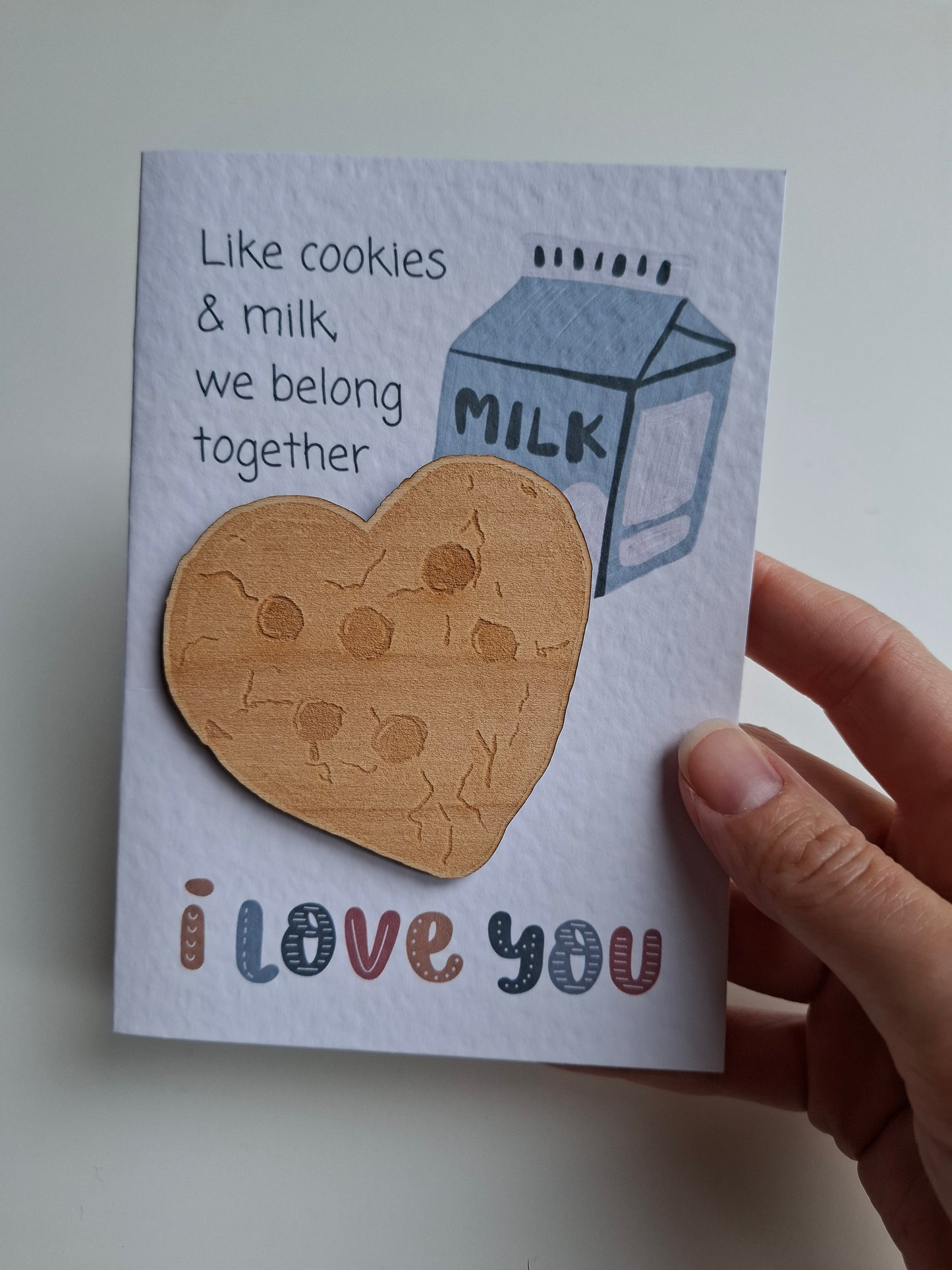 Wooden Magnet Keepsake Greetings Card - I Love You Like Cookies & Milk