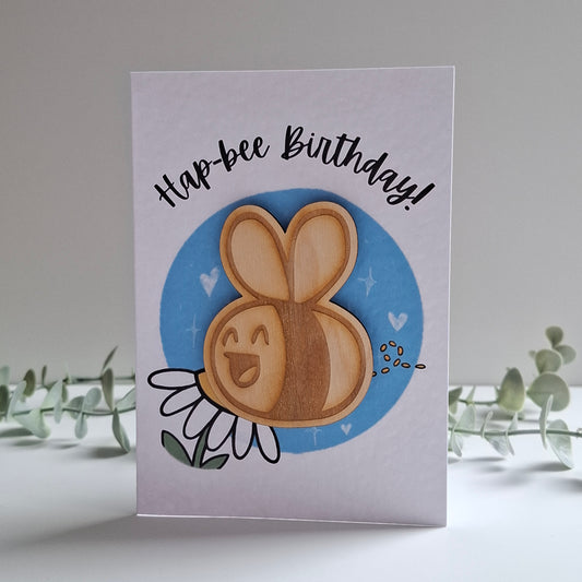 Wooden Magnet Keepsake Greetings Card - Hap-bee Birthday