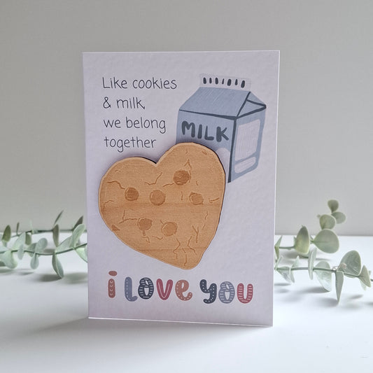 Wooden Magnet Keepsake Greetings Card - I Love You Like Cookies & Milk
